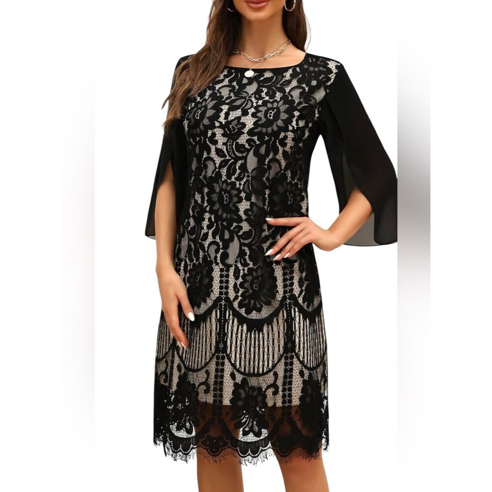 Cooan Lace Cocktail Dress Black and Cream Sheer Long Sleeve Womens Small NEW